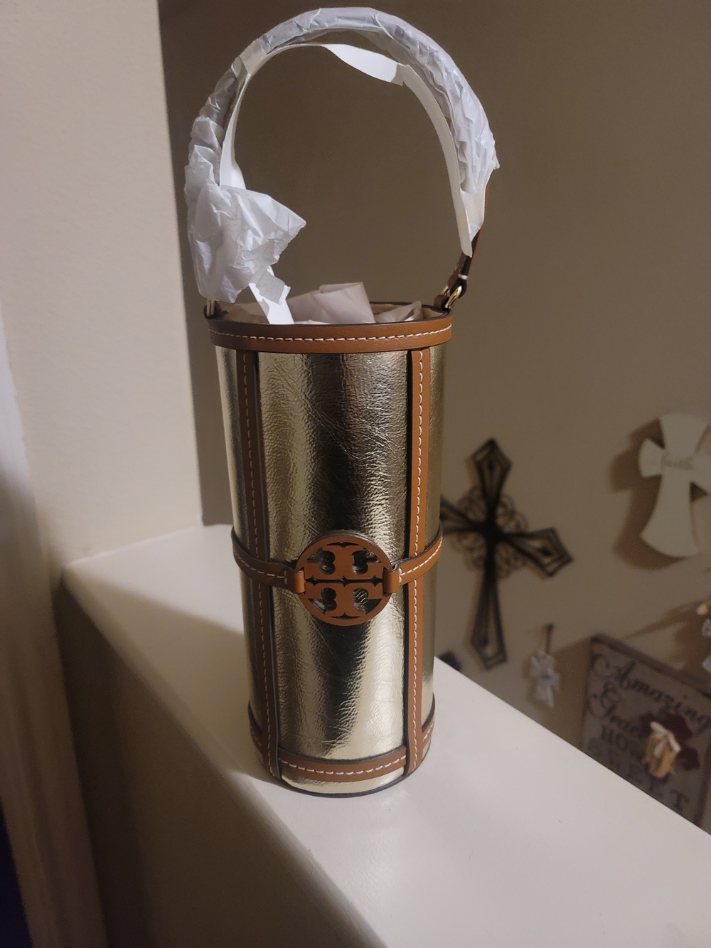 Tory Burch Gold and Brown Leather-Trim Cylinder Vase